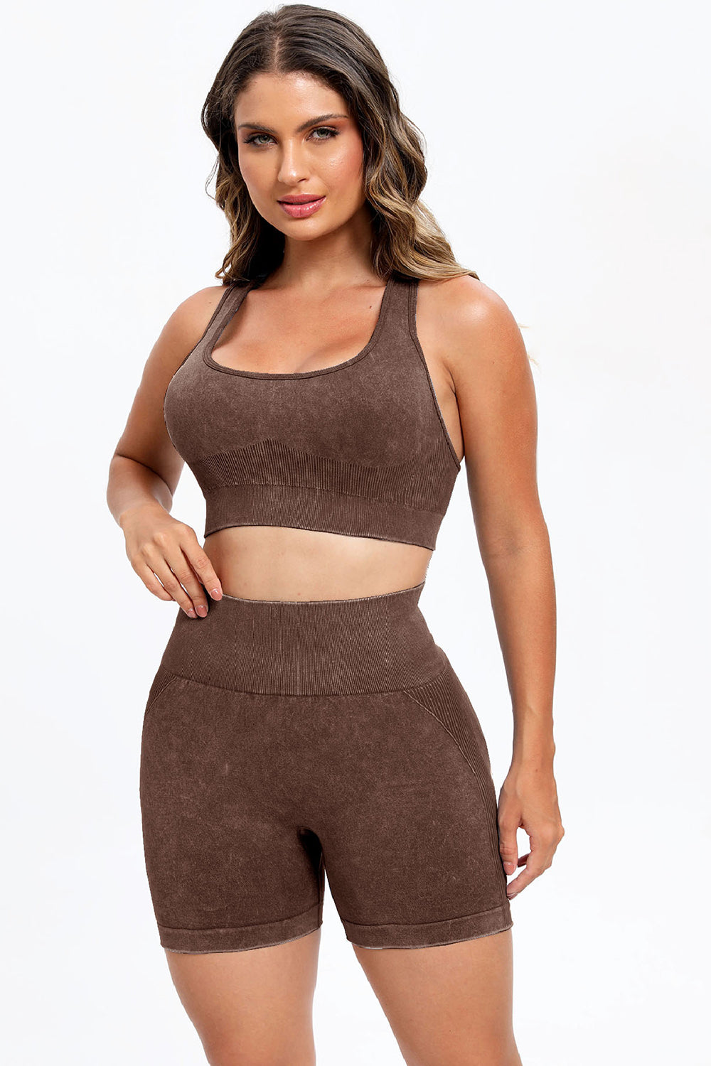 Three Piece Washed Square Neck Wide Strap Active Set