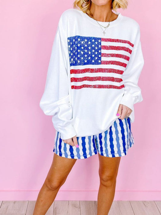 Oversized US Flag Round Neck Long Sleeve Sweatshirt