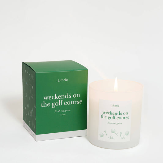 weekends on the golf course candle and box
