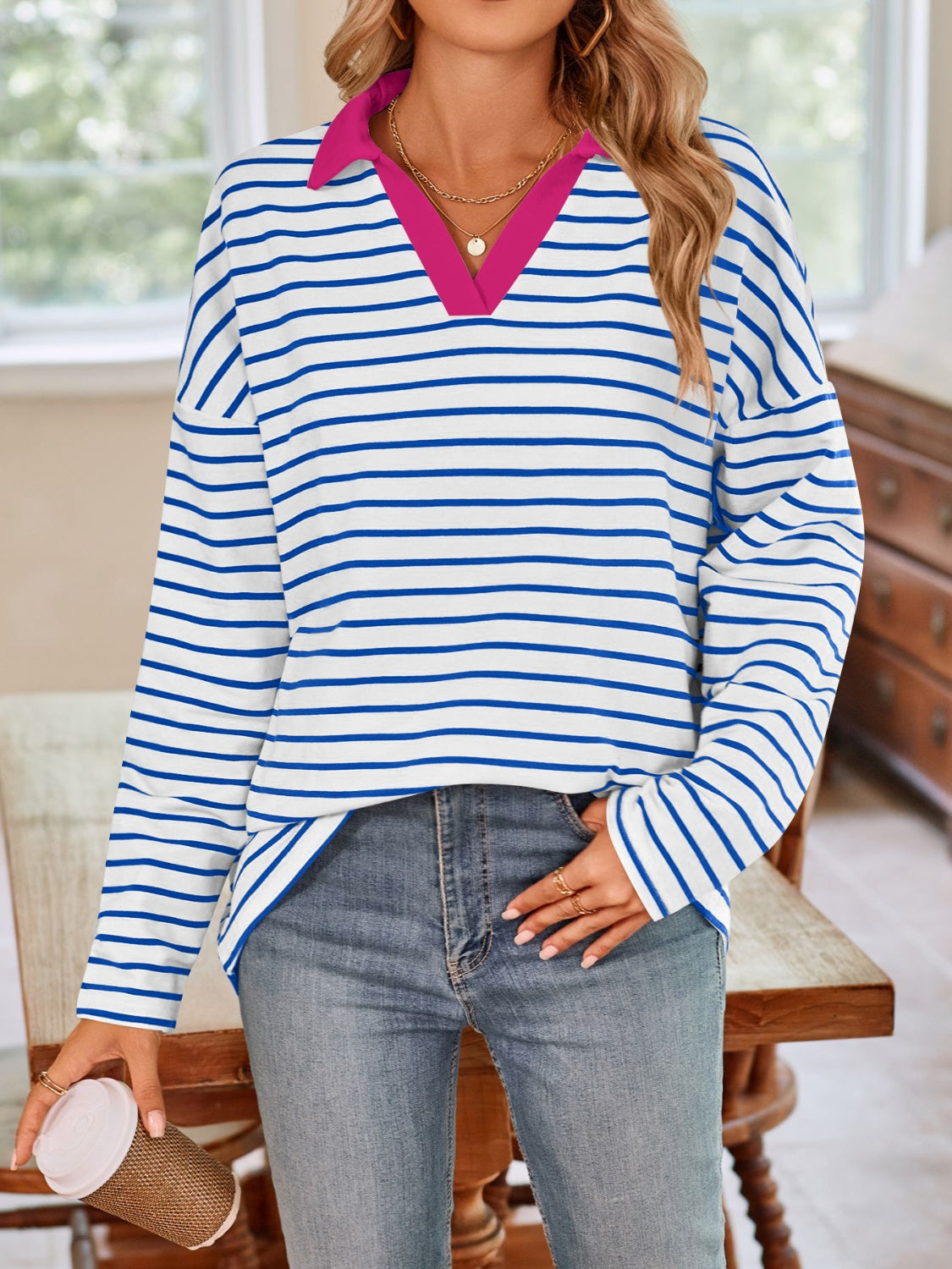 Striped Johnny Collar Long Sleeve Shirt