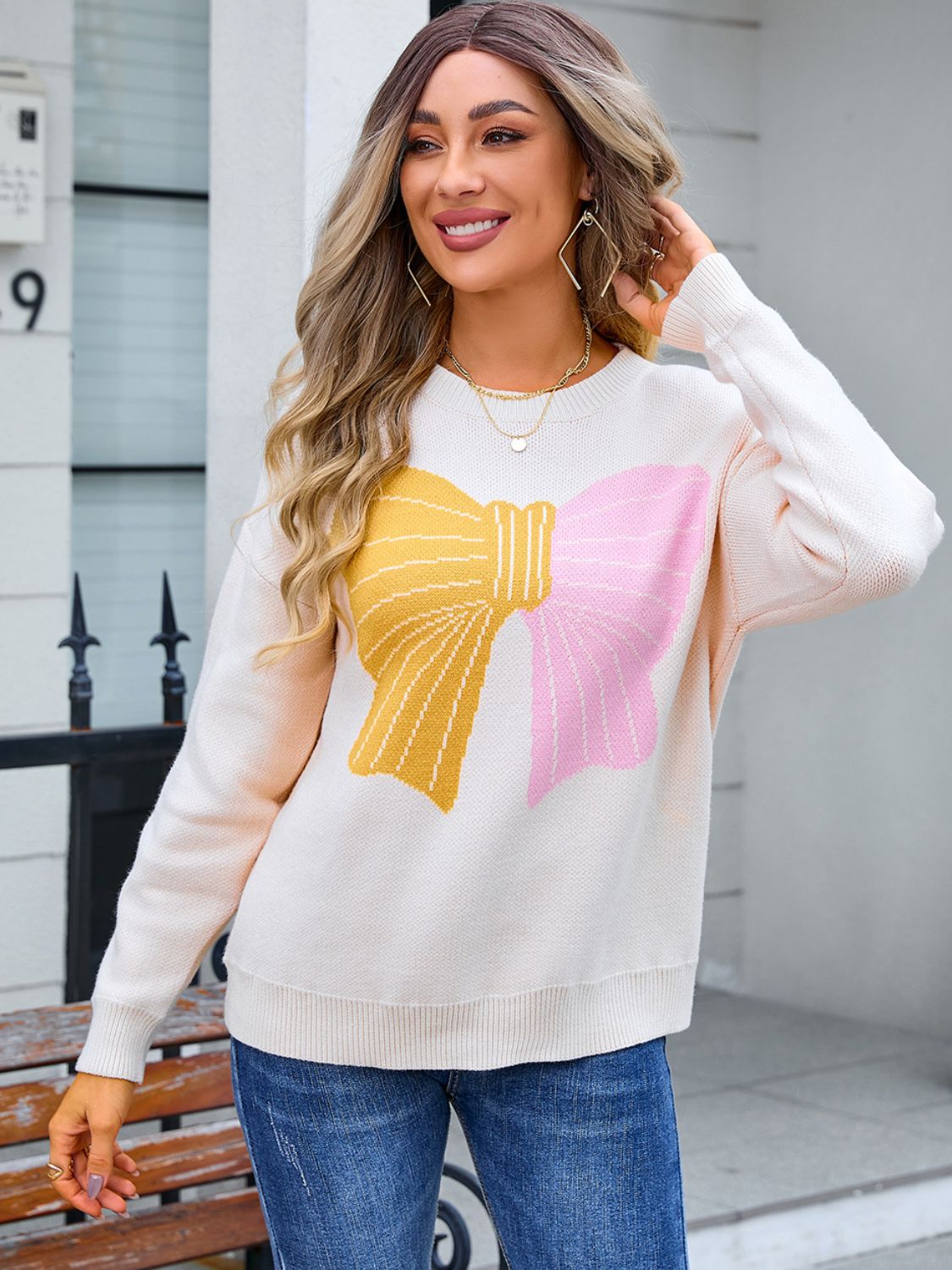Contrast Bow Dropped Shoulder Sweater