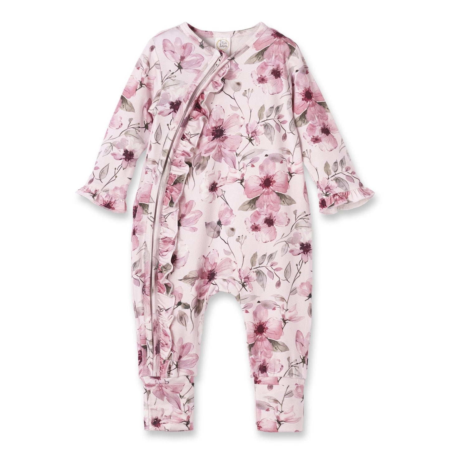 Watercolor Floral Zipper Bamboo Romper - Convertible Cuffs