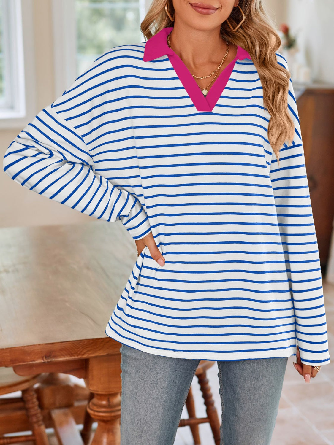Striped Johnny Collar Long Sleeve Shirt