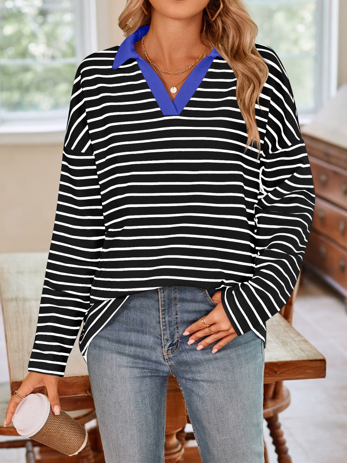 Striped Johnny Collar Long Sleeve Shirt