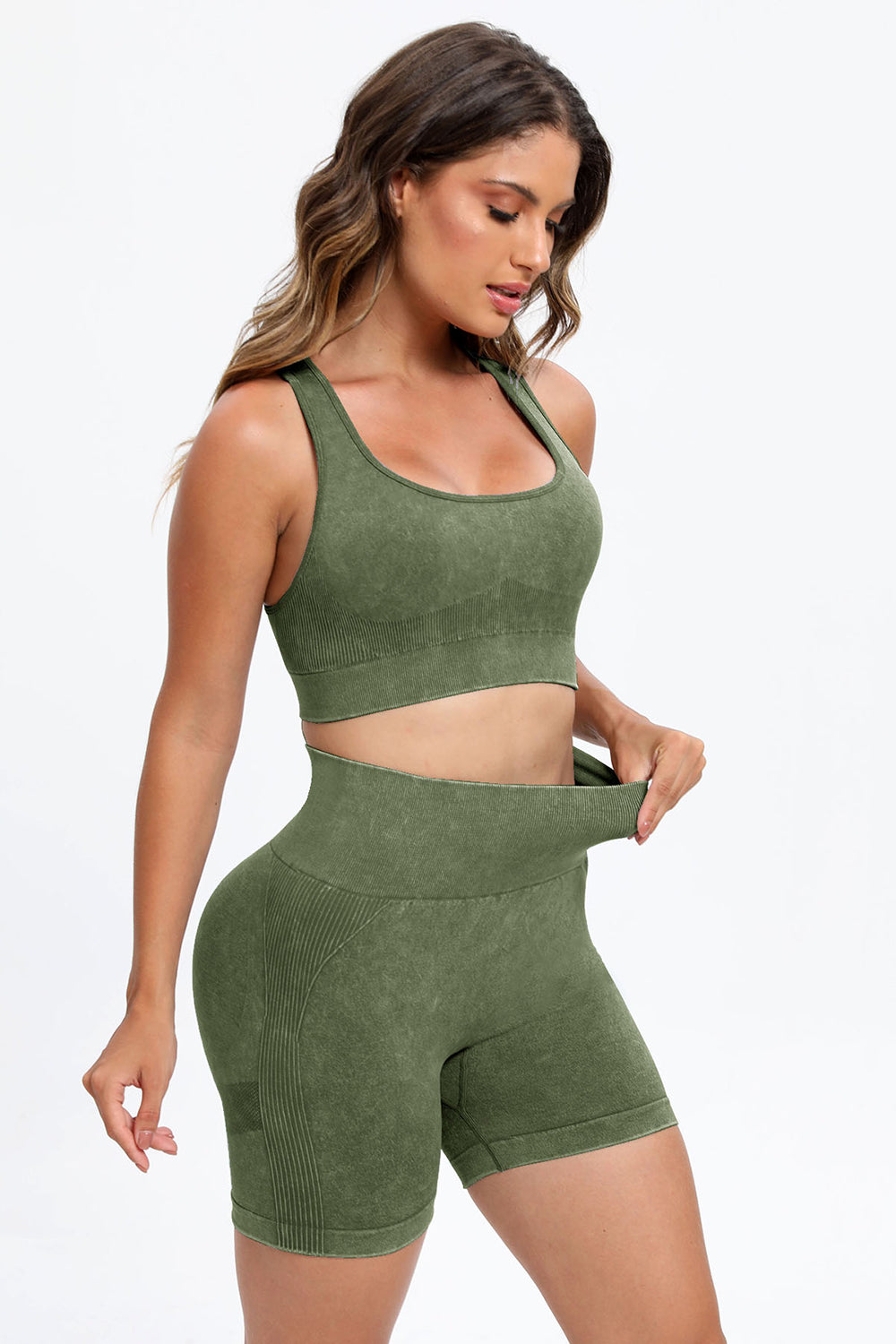 Three Piece Washed Square Neck Wide Strap Active Set