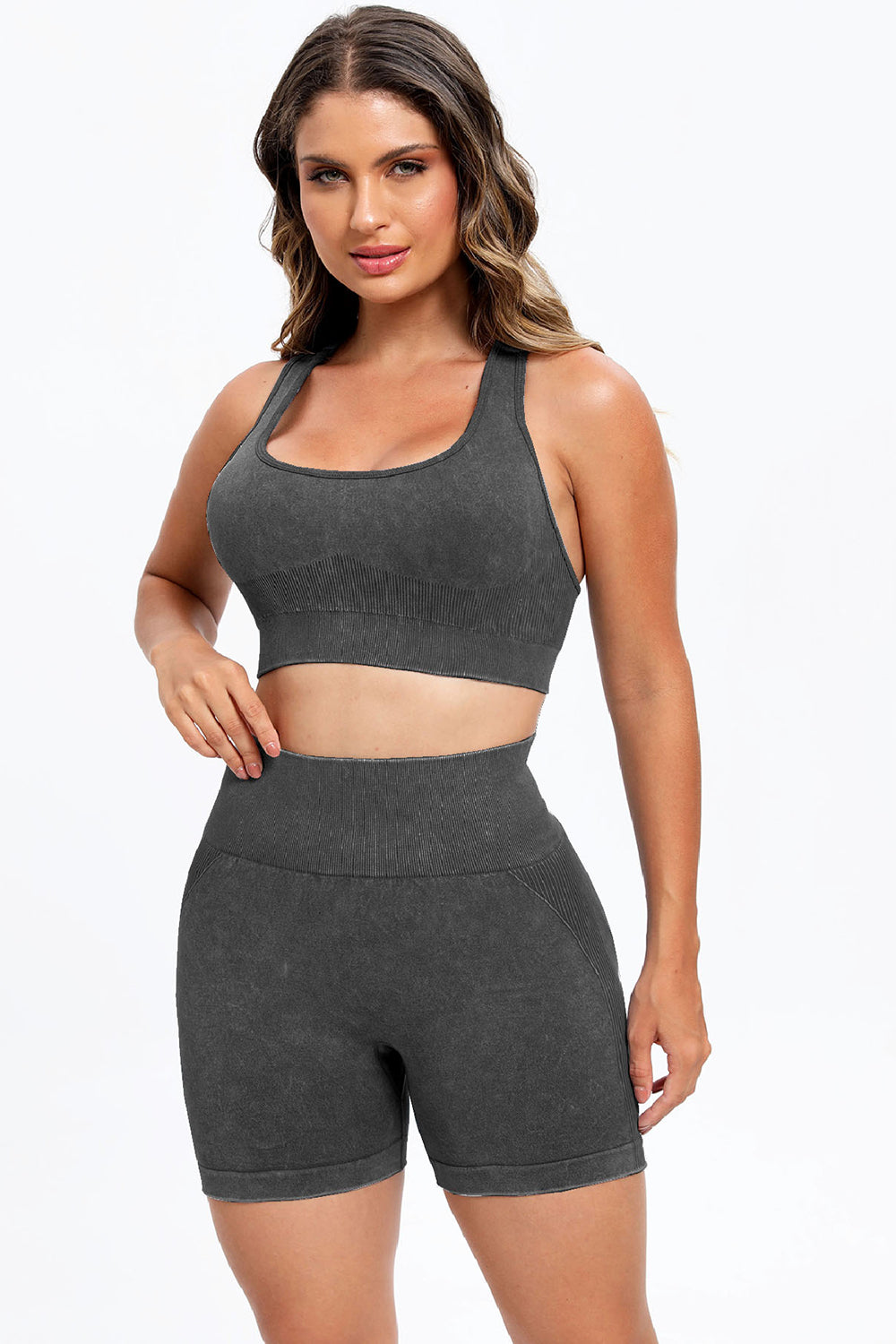 Three Piece Washed Square Neck Wide Strap Active Set
