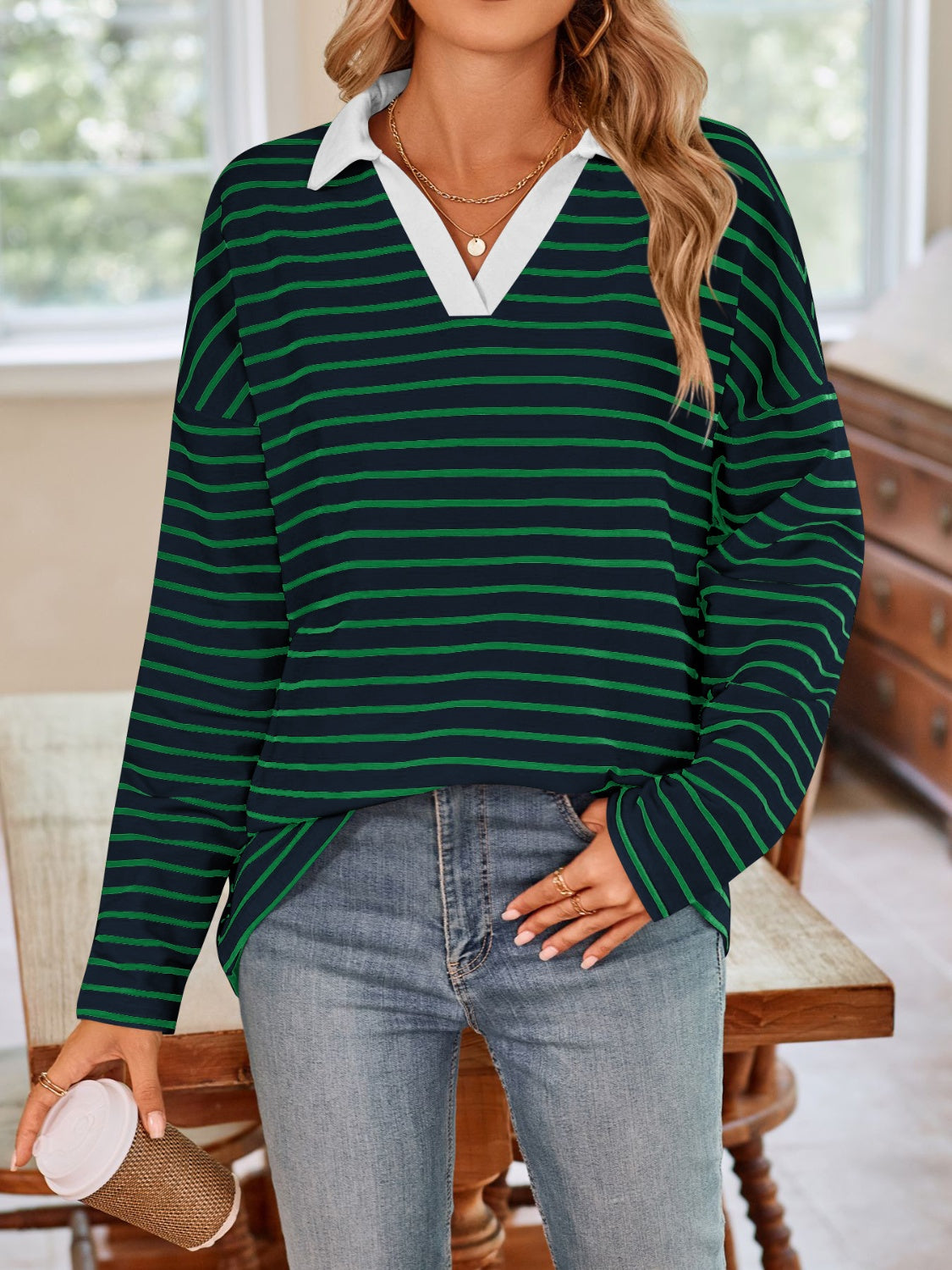 Striped Johnny Collar Long Sleeve Shirt