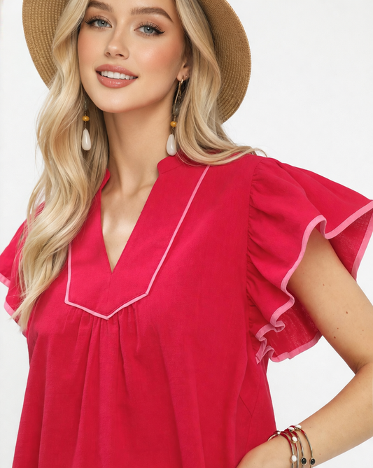 Umgee - Adriana Contrast Trim Babydoll Blouse - Red - 100% Cotton