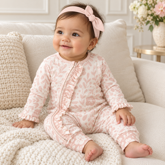 Soft Pink Floral Cotton Zipper Romper