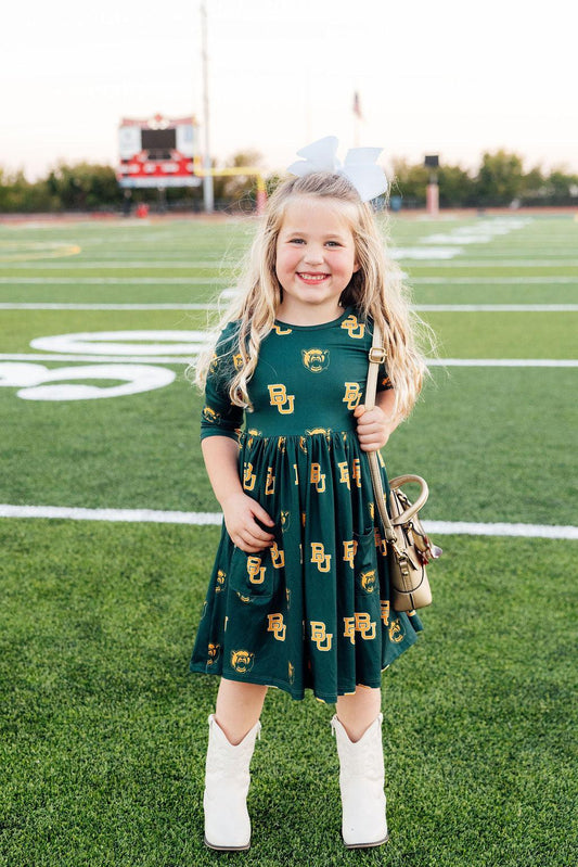 Baylor Green Bear 3/4 Sleeve Pocket Twirl Dress