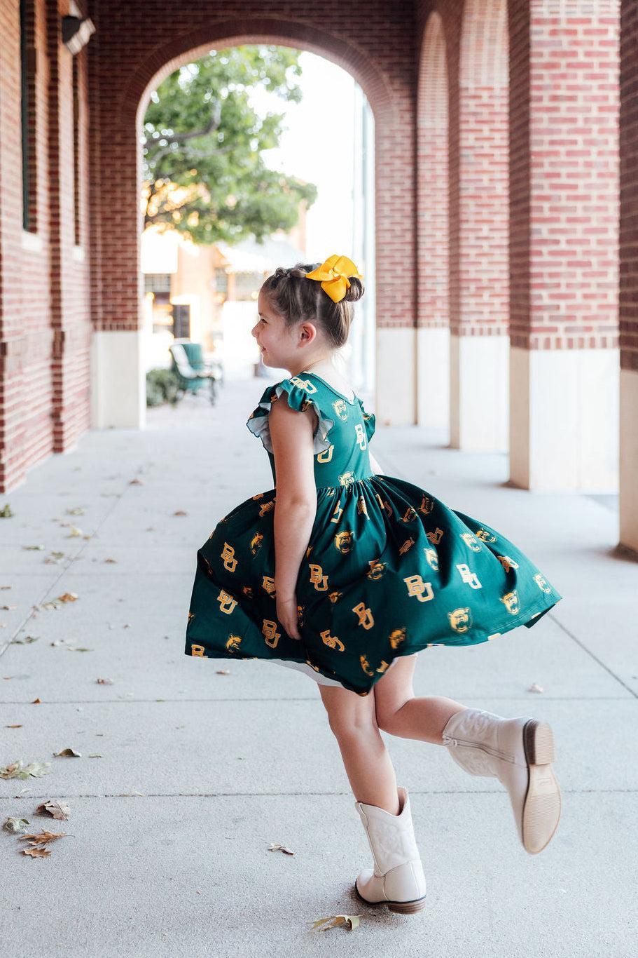 Baylor Green Bear Flutter Twirl Dress