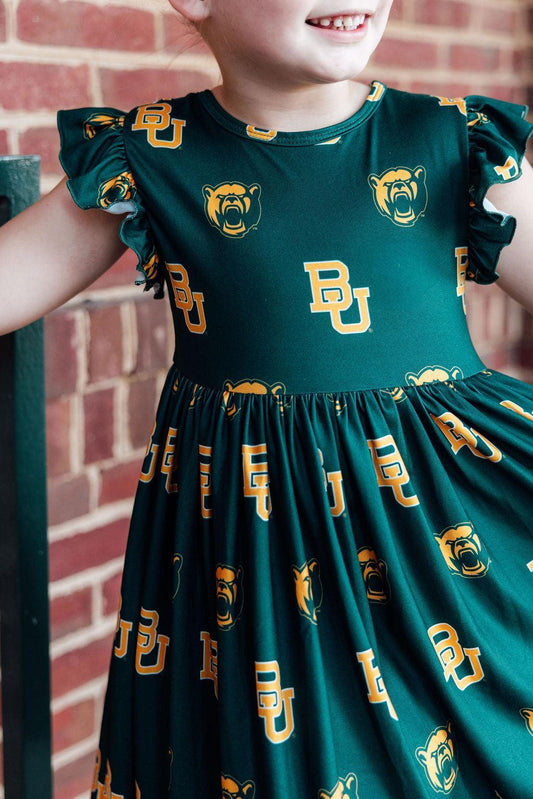 Baylor Green Bear Flutter Twirl Dress