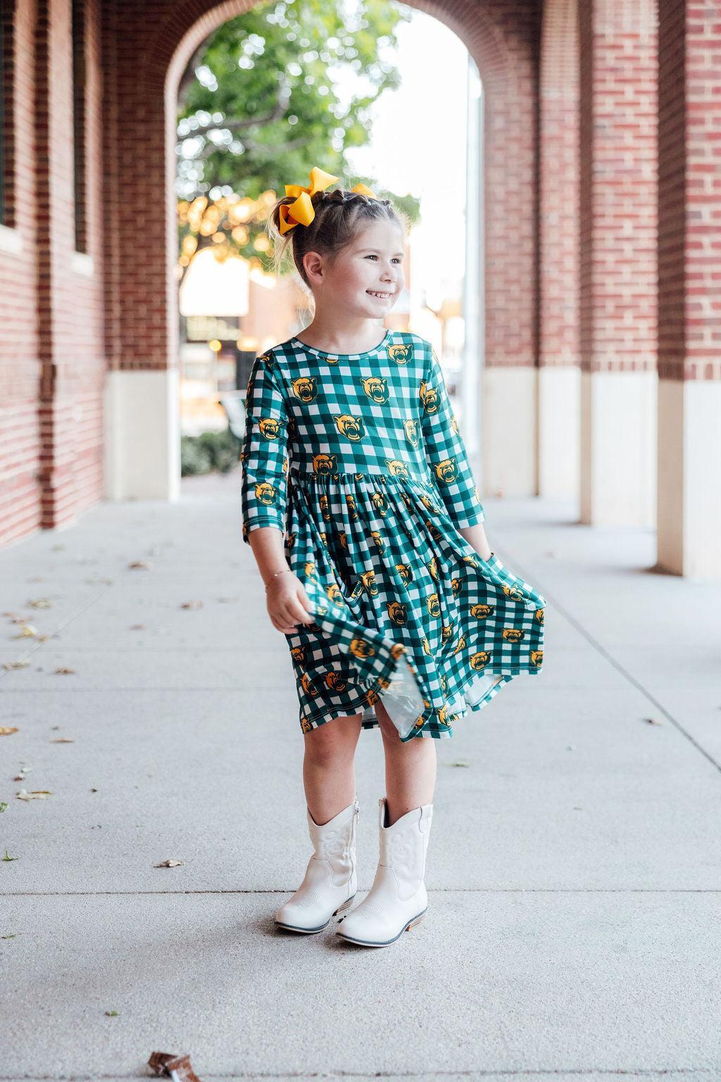 Baylor Plaid Bear 3/4 Sleeve Pocket Twirl Dress