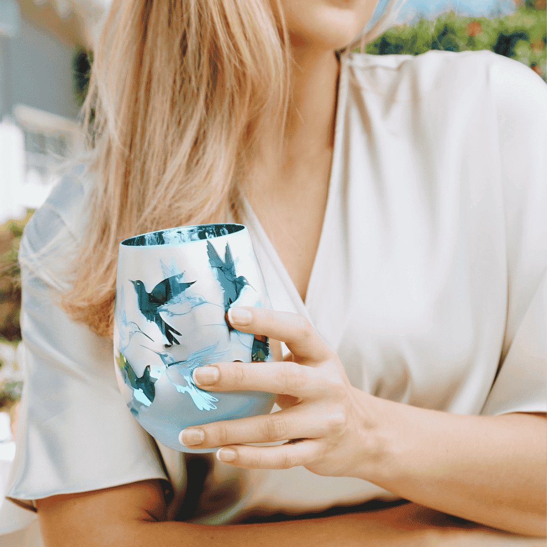 Blue Hummingbird Stemless Wine Glasses