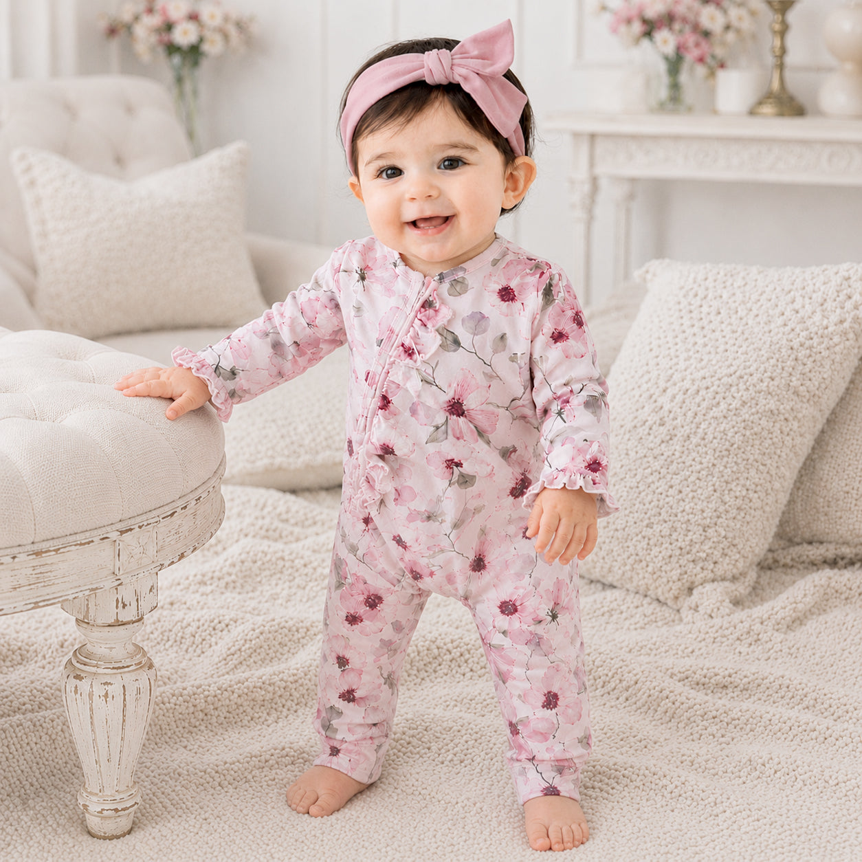 Watercolor Floral Zipper Bamboo Romper - Convertible Cuffs