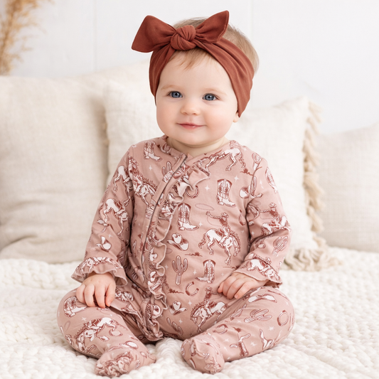 Wild Wrangler/Pink Bamboo Ruffle Zipper Romper - Western