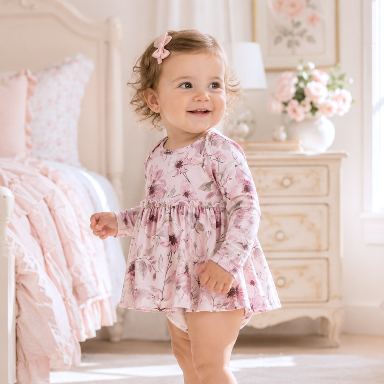 Watercolor Floral Skirted Baby Bodysuit - Bamboo