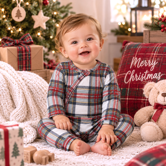 Plaid Baby Christmas Zipper Romper With Convertible Cuffs