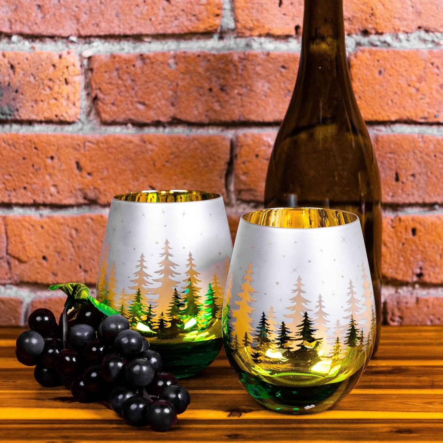 Green Pine Tree Stemless Wine Glasses