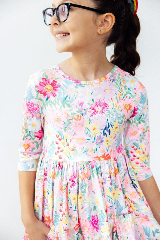 Field of Flowers 3/4 Sleeve Pocket Twirl Dress