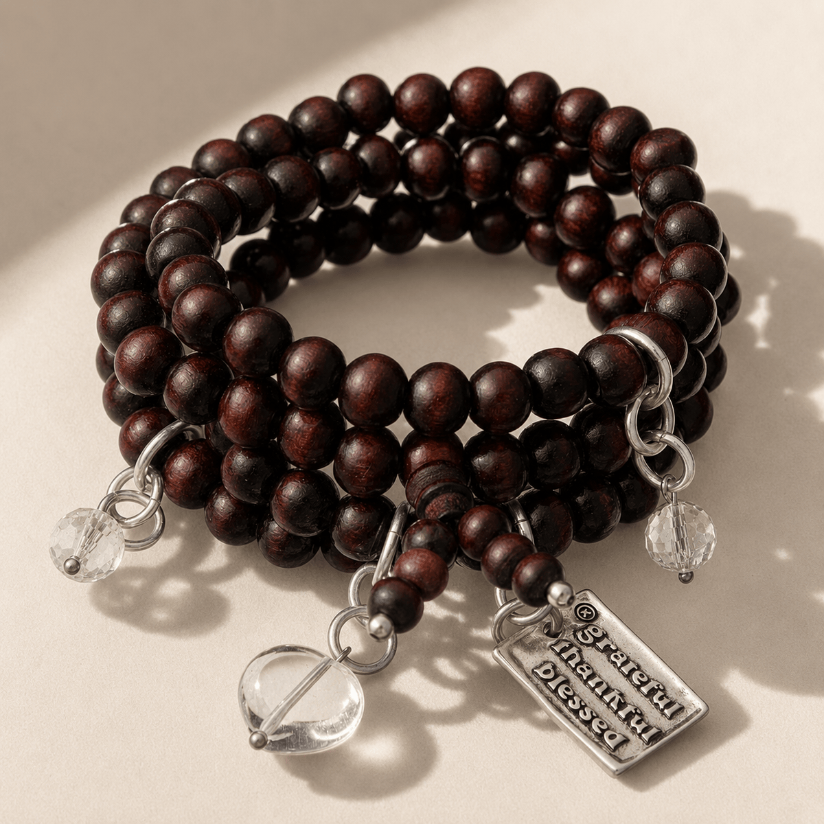 Grateful Thankful Blessed Heart Wood Boho Wrap Bracelet/Necklace