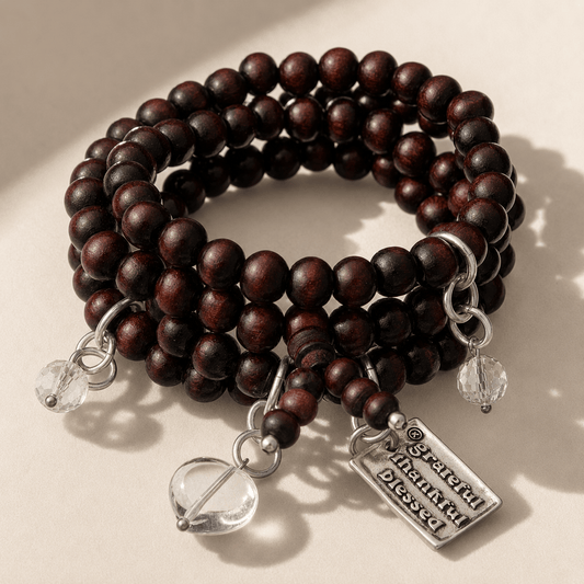 Grateful Thankful Blessed Heart Wood Boho Wrap Bracelet/Necklace