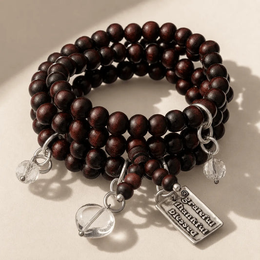 Grateful Thankful Blessed Heart Wood Boho Wrap Bracelet/Necklace