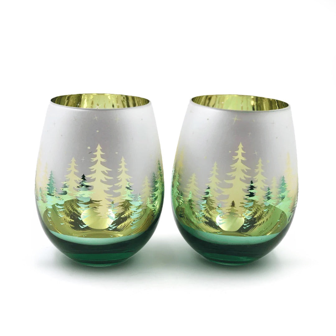 Green Pine Tree Stemless Wine Glasses