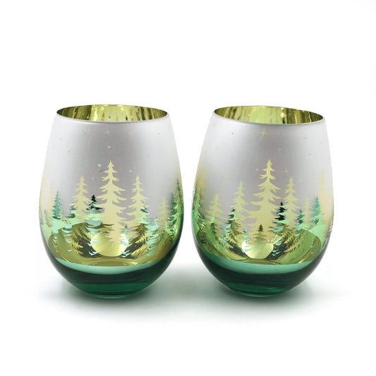 Green Pine Tree Stemless Wine Glasses