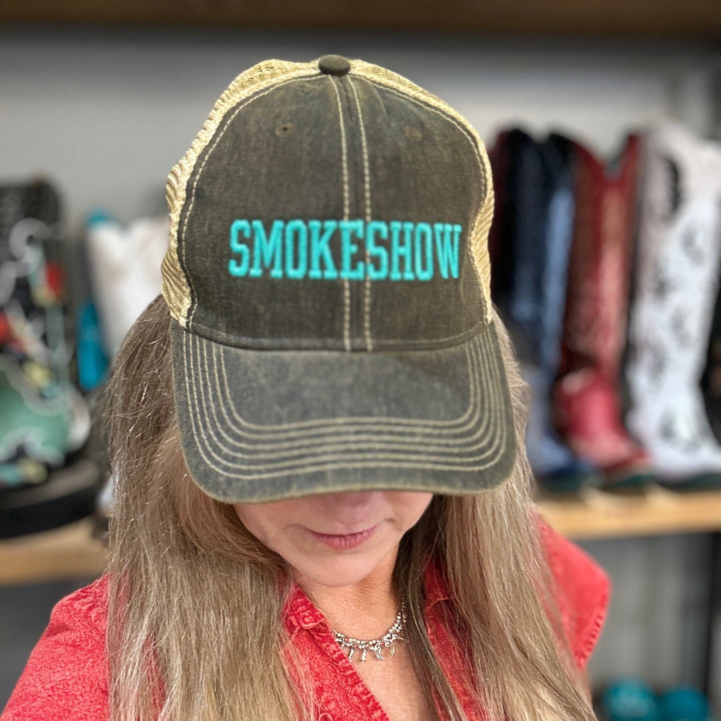 Smokeshow Trucker Hat Distressed Black Embroidered Pink or Aqua