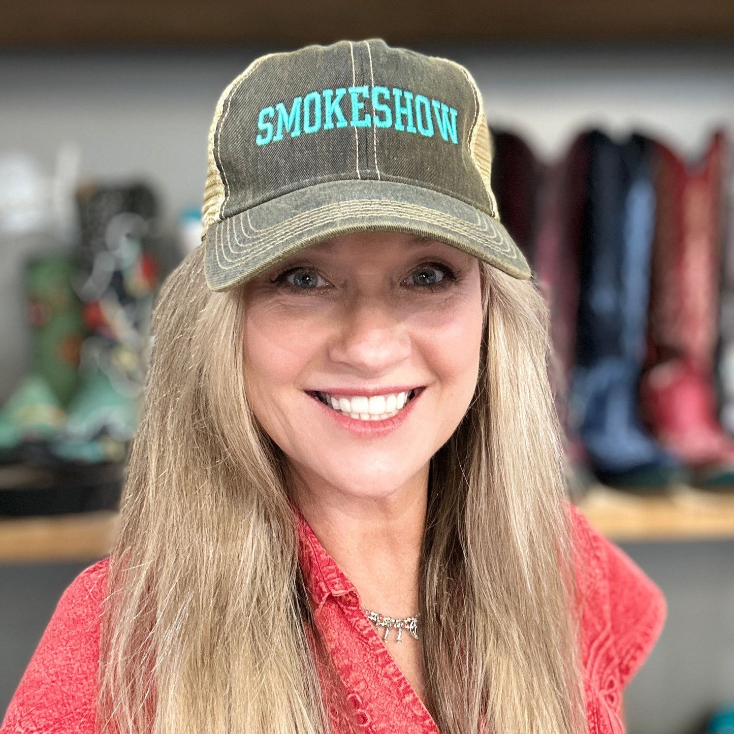 Smokeshow Trucker Hat Distressed Black Embroidered Pink or Aqua