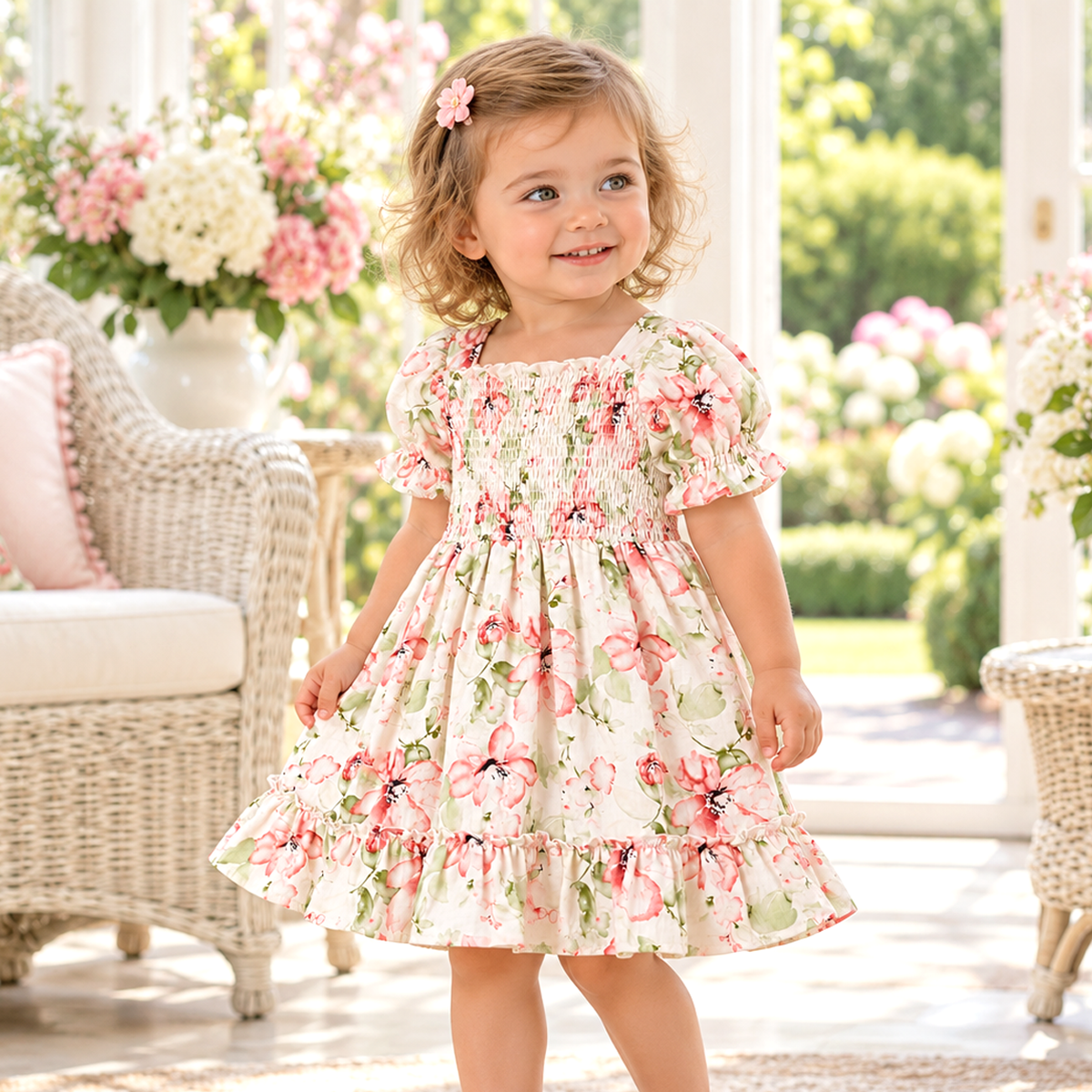 Blush Bouquet Smocked Bodice Puff Sleeve Dress