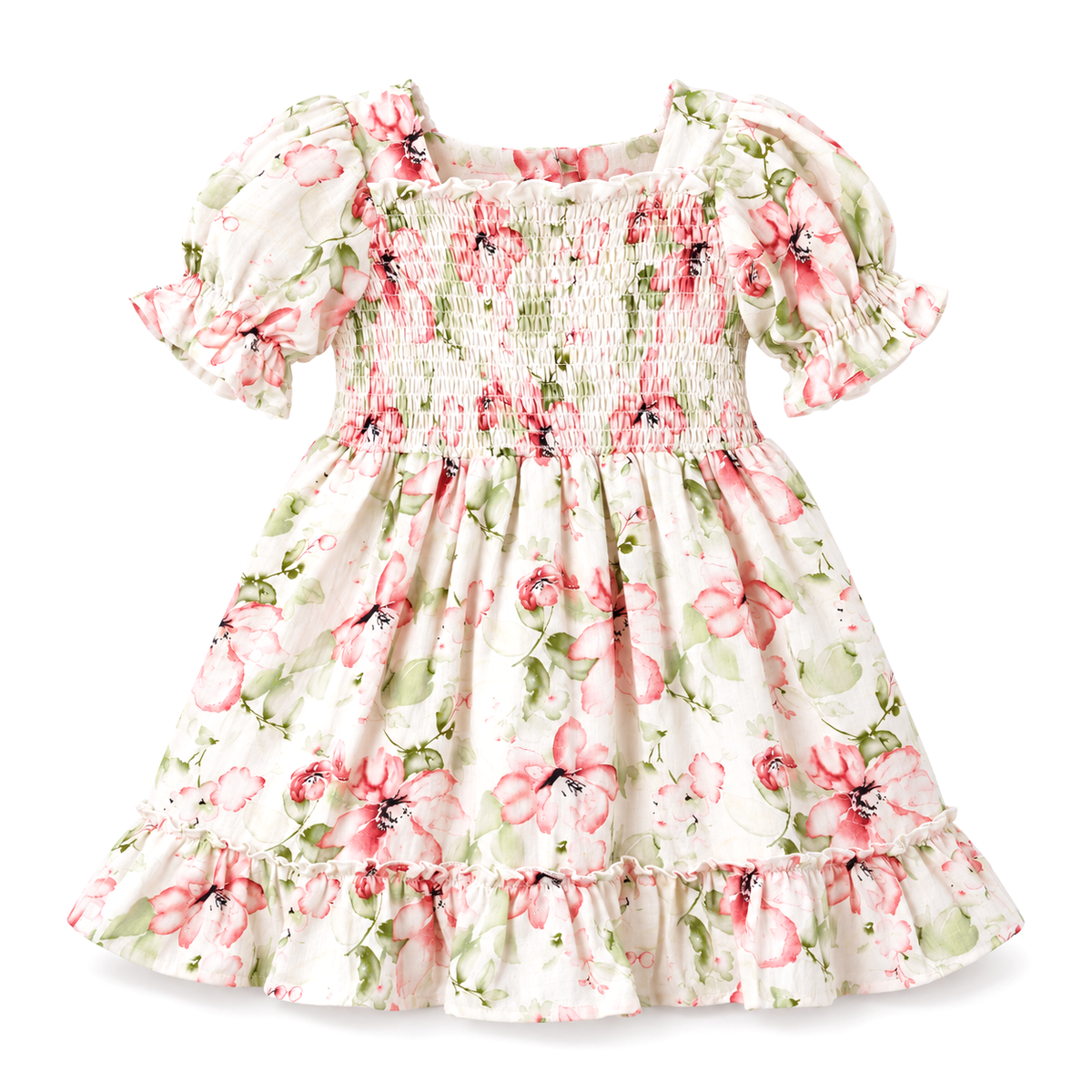 Blush Bouquet Smocked Bodice Puff Sleeve Dress