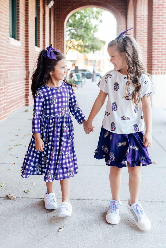 JMU Plaid Duke Dog 3/4 Sleeve Pocket Twirl Dress
