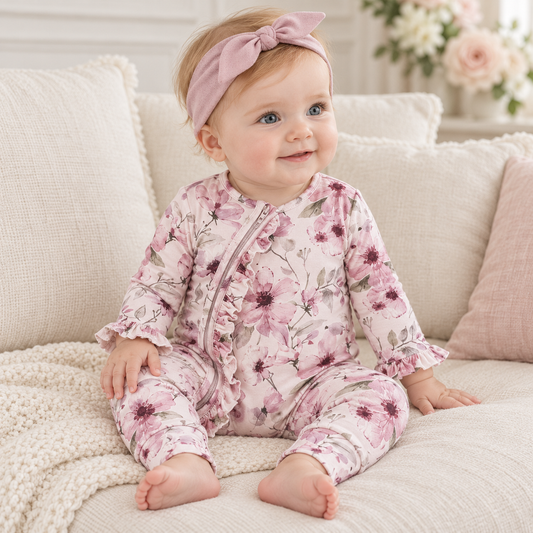 Watercolor Floral Zipper Bamboo Romper with Convertible Cuffs