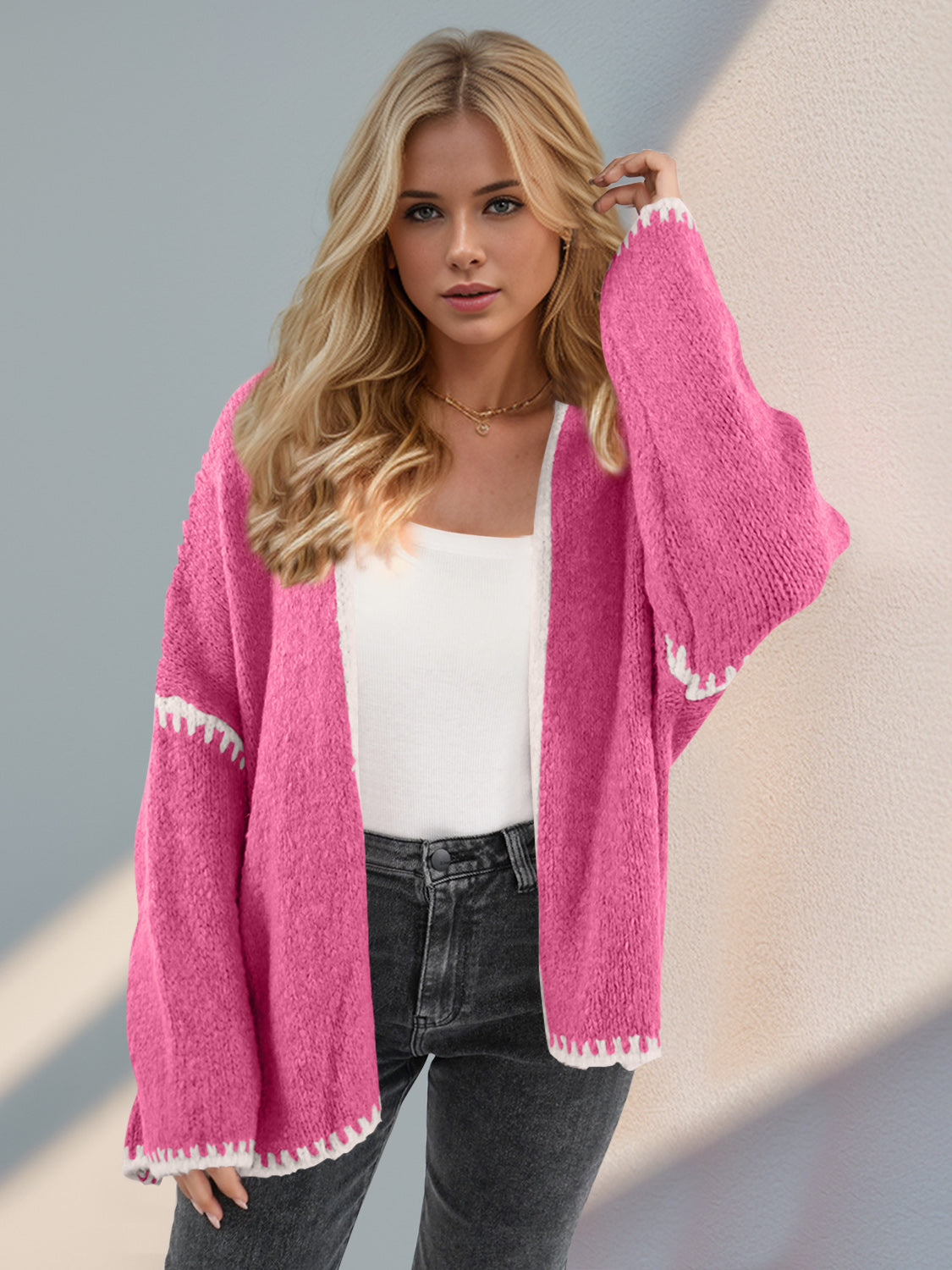 Double Take Stitched Open Front Cardigan