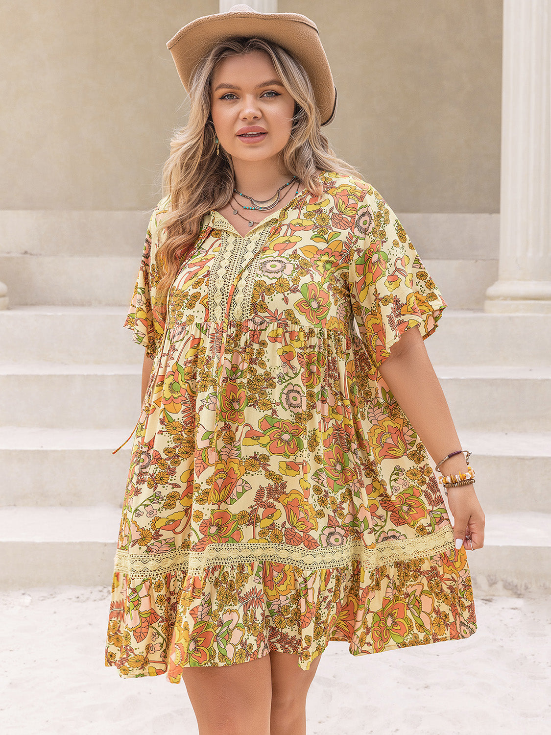 Plus Size Printed Tie Neck Short Sleeve Mini Dress – Modern Frontier