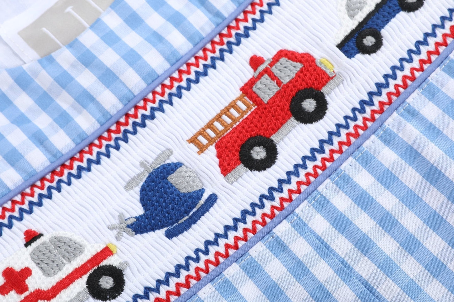 Blue Gingham Emergency Vehicles Smocked Overalls