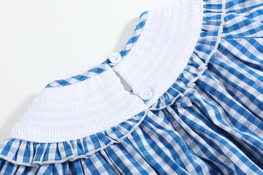 Blue Gingham Pumpkin Smocked Ruffle Bishop Dress