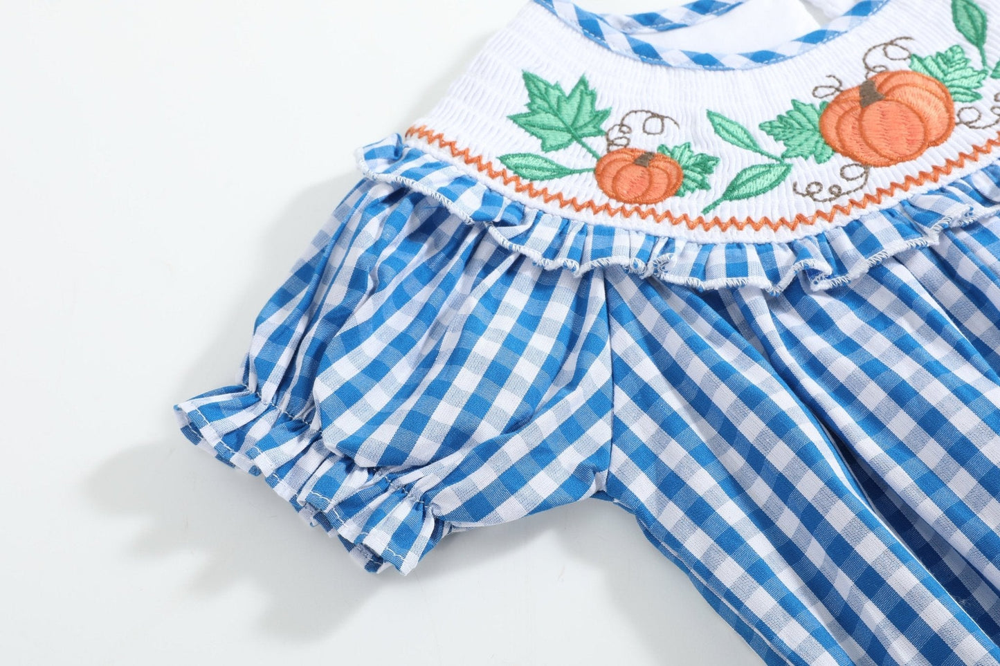 Blue Gingham Pumpkin Smocked Ruffle Romper