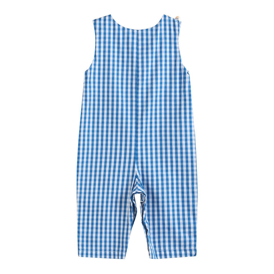 Blue Gingham Pumpkin Train Smocked Overalls