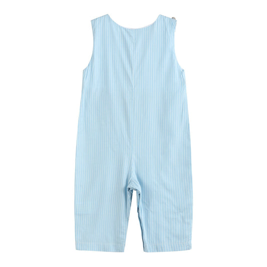 Blue Gingham Train Smocked Overalls