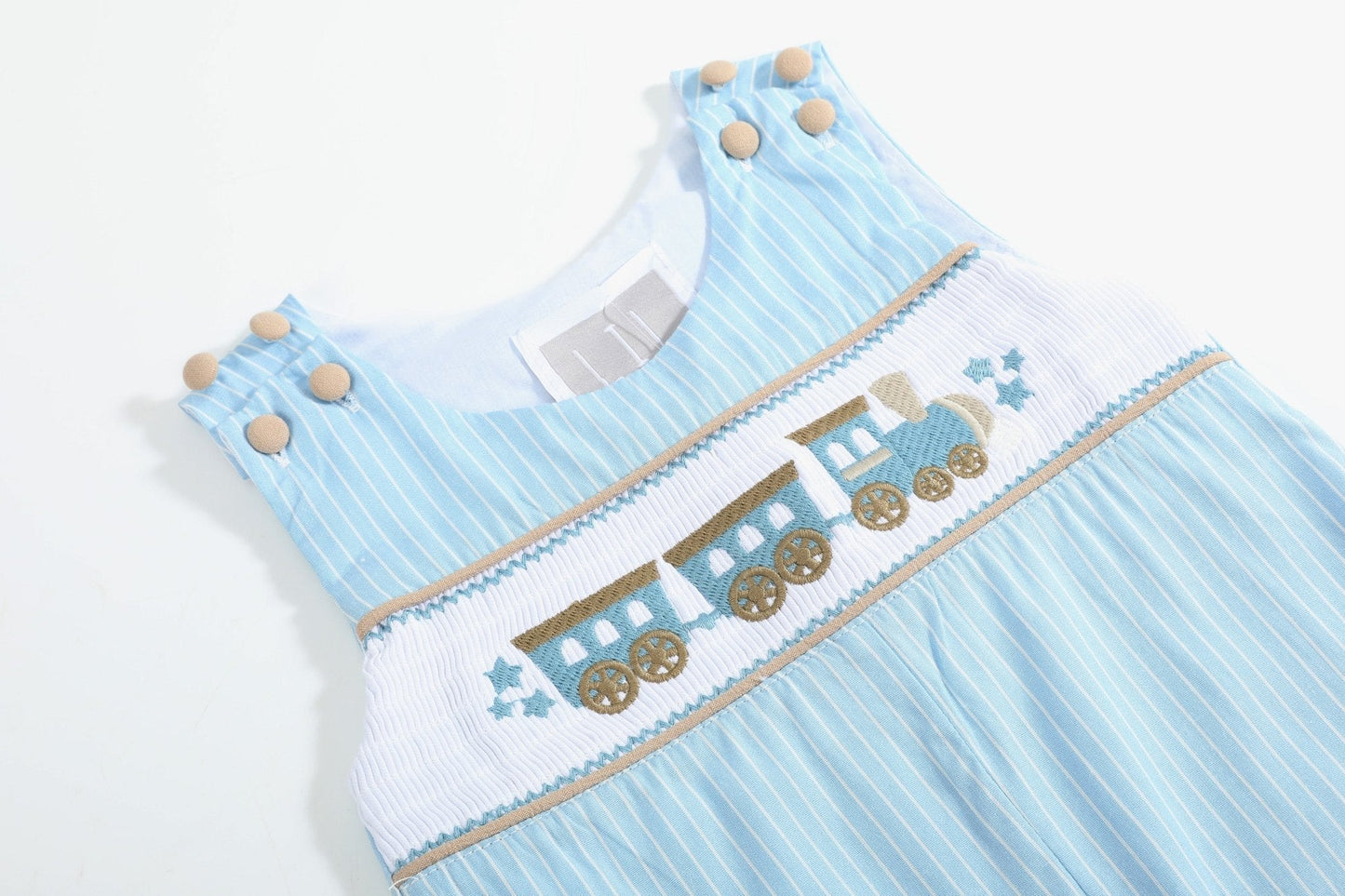 Blue Gingham Train Smocked Overalls