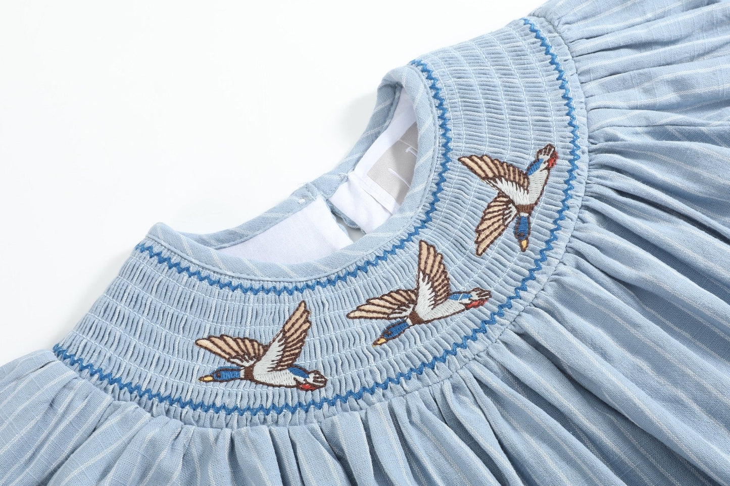 Blue Pinstripe Mallard Duck Smocked Bishop Dress