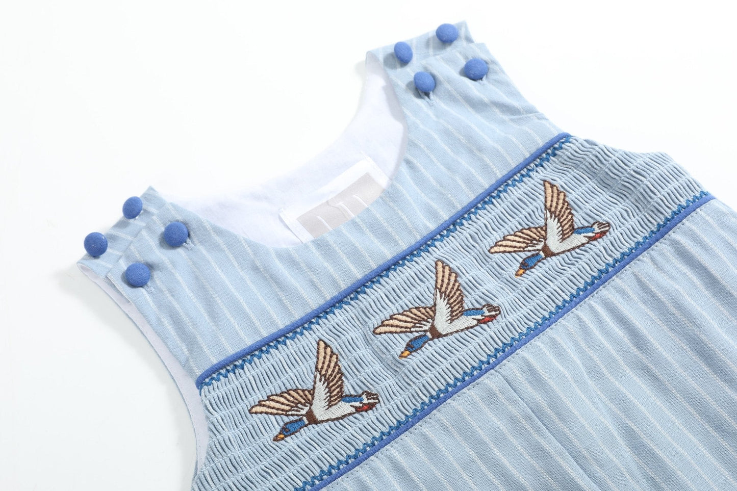 Blue Pinstripe Mallard Duck Smocked Overalls