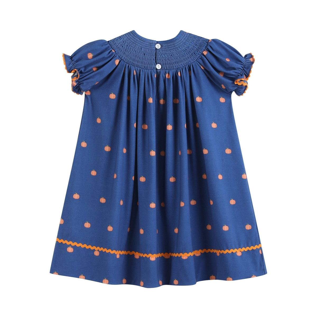 Blue Pumpkin Print Knit Smocked Bishop Dress