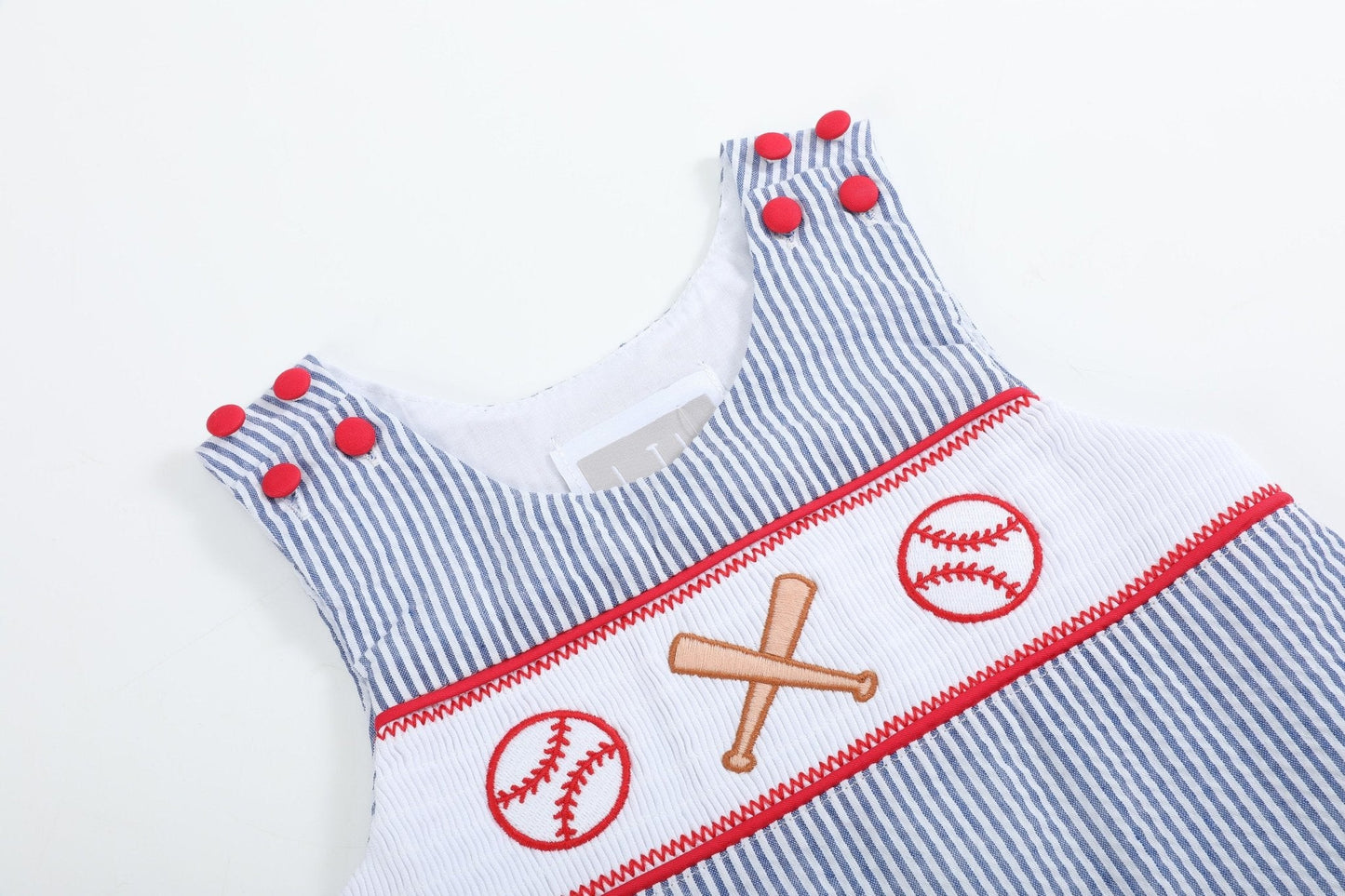 Blue Seersucker Baseball Smocked Shortalls