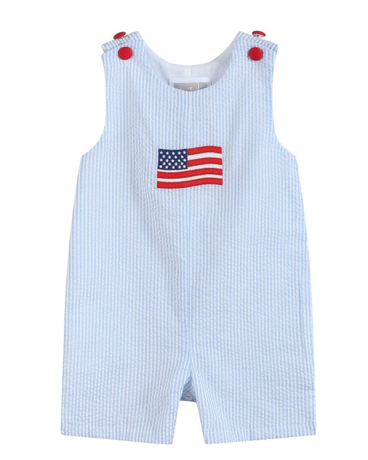 Blue Seersucker USA Flag Shortalls