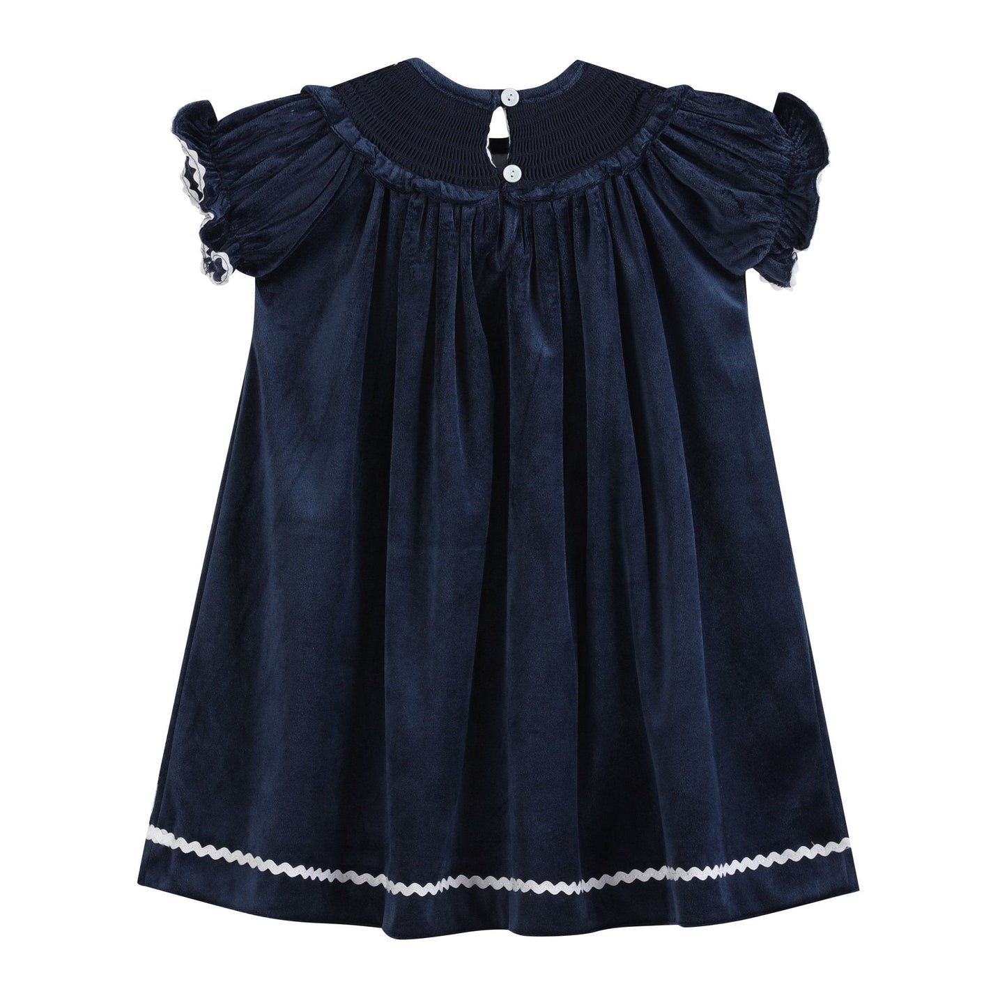 Blue Velvet Silver Bows Smocked Ruffle Bishop Dress