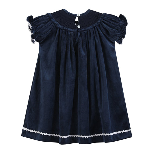 Blue Velvet Silver Bows Smocked Ruffle Bishop Dress